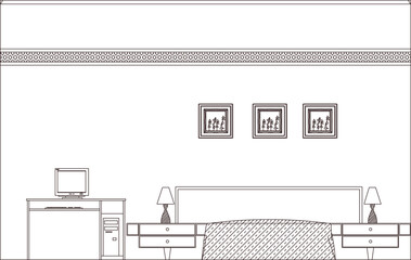 Sketch illustration silhouette vector drawing detail architectural engineering design modern bedroom interior Beds front view 