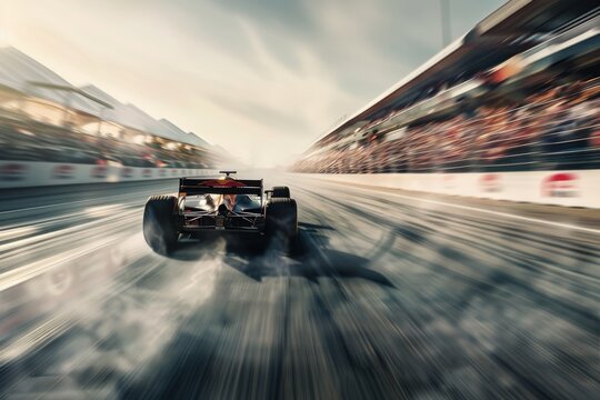 A race car zooms down a straight track at a high speed, leaving a trail of tire smoke behind it. The blurred figures of spectators in the stands watch the race unfold