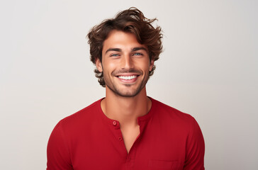Fototapeta premium Happy Young Man In Red Shirt Smiling At Camera Against Plain White Background With Stylish Hair