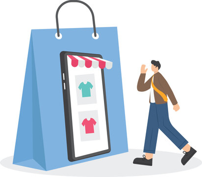 businessmen walked out of shopping bags via mobile phones. Customer Satisfaction concept design, people give vote review results. Shopping Online on Mobile Application. Smartphone marketing and e-comm