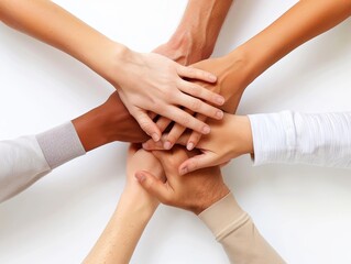 Fototapeta premium photo from above, various hands stacked together, showing teamwork, unity, and collaboration on a white background.concept of unity and mutual cooperation care