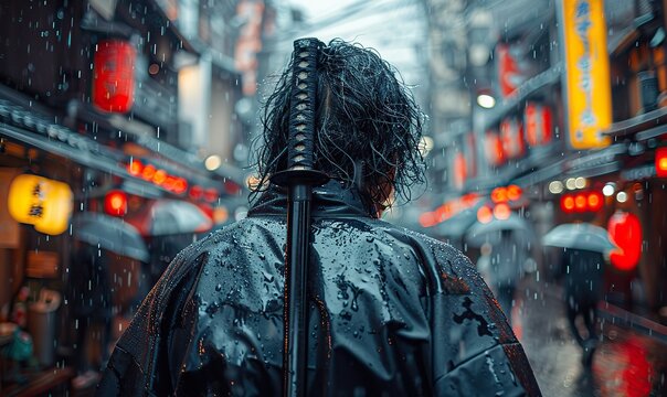samurai warrior,a katana on the streets of a modern japanese city,neon lights rear view