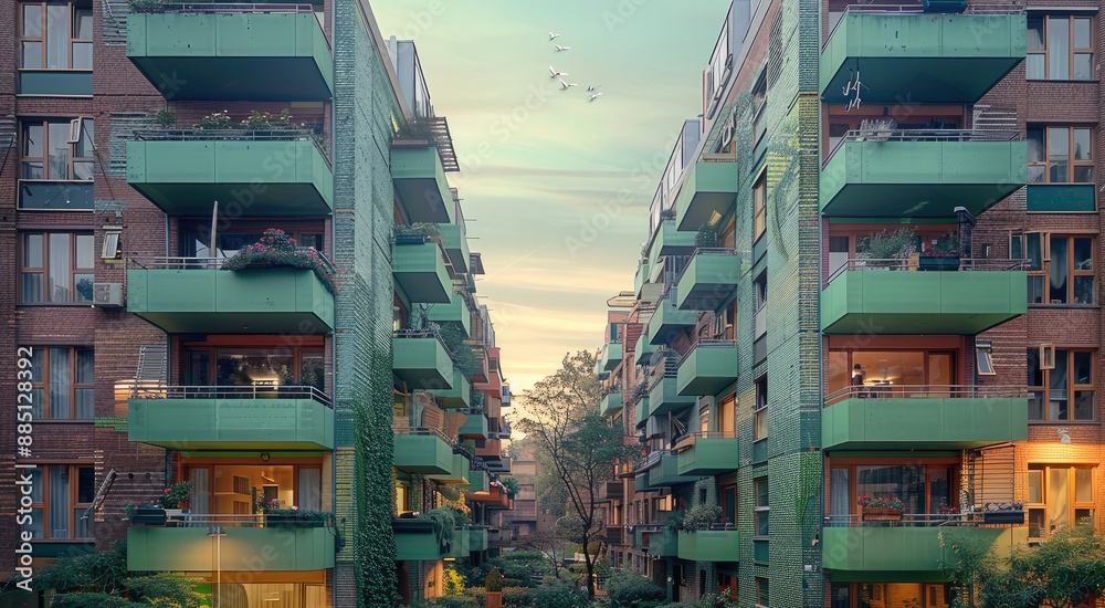 Poster a high rise apartment housing block. the facade is made of sparkling green bricks. various activitie