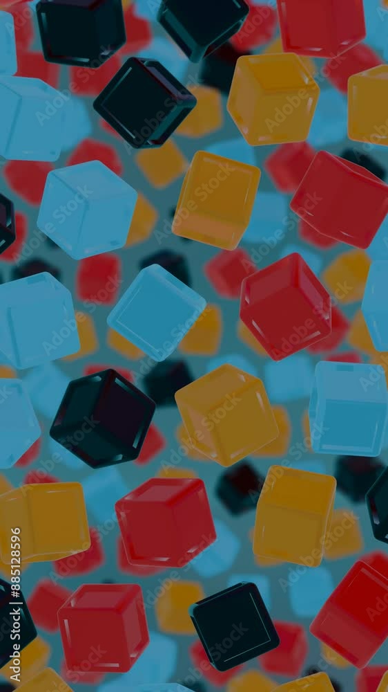 Poster floating multicolored transparent and opaque cubes on black background
