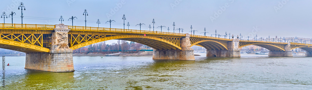 Sticker Panorama of Margaret Bridge over Danube River, Budapest, Hungary