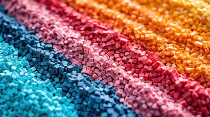 Colorful multi-colored plastic pellets and plastic sheets