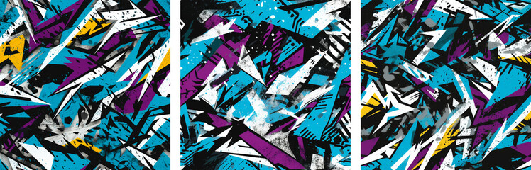 Set of abstract seamless patterns in grunge and urban street culture style. Garage graffiti, template for backgrounds, backdrops, wallpapers and printing on fabric in blue and lilac colors