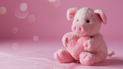 A stuffed pig holding a heart shaped toy on pink background, AI