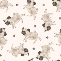 Obraz premium Seamless pattern of animal dogs and paws for kids. Hand drawn illustration of pug running or jumping on isolated background. Minimalist Scandinavian style. Cute pets for kids post or stickers