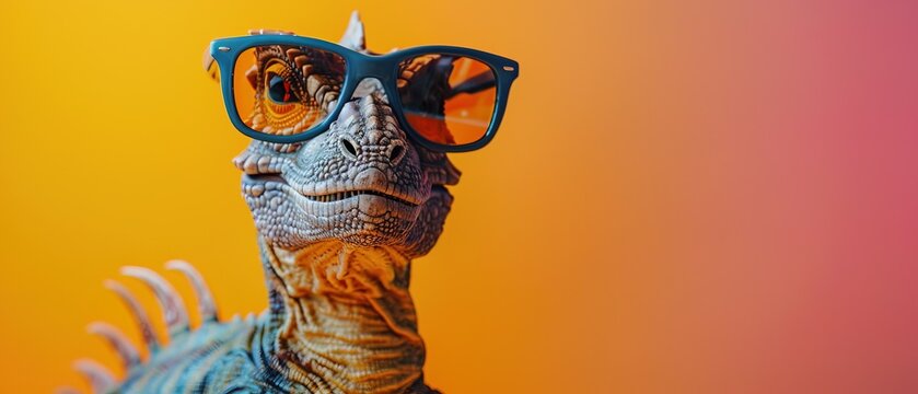 Funny dinosaurus wearing sunglasses in studio with a colorful and bright background 