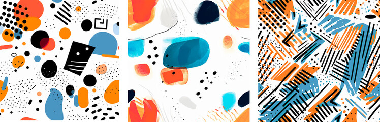 Set of stylish seamless patterns of bright colors on white background. Modern abstract style of spots and lines for printing on fabric, wallpaper, backdrops and wrapping.