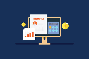 Income Tax Return, Accounting software calculating income tax return of the company. Wealth management system, Banking statement. Vector illustration background.