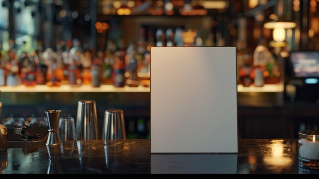 A cocktail menu mockup in an elegant bar setting, featuring a blank menu against a backdrop of bar accessories and glasses.