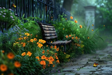 A Bench, Butterflies, and a Misty Garden Path