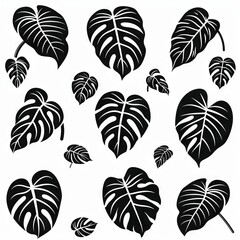 Monstera Pot Plant Icon Set, Philodendron Plant Black White Icon, Abstract Philodendron Symbol