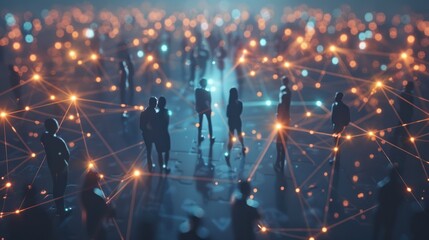 An abstract digital network of people interacting, representing a personal and professional social media platform..