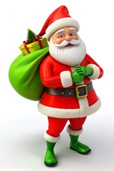 Fototapeta premium Santa Claus with a bag of gifts on his shoulders on a white background