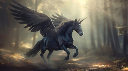 Obraz premium Realistic magical, mythical winged black pegasus unicorn horse fantasy background. AI generated image on beautiful nature backgraund