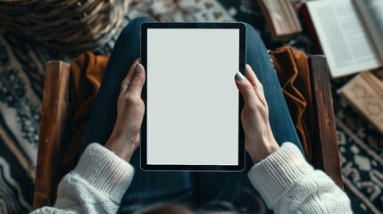 Close-up of a woman's hands using a digital tablet with blank screen