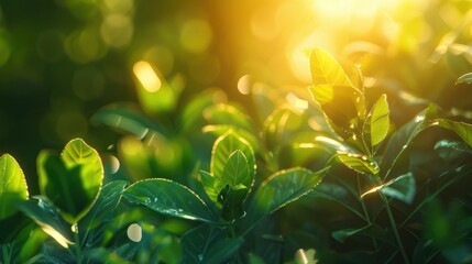 Obraz premium Closeup of green growth saplings and seedlings embracing warm sunlight. Nurturing nature promise. Bright beginning with symbolizing and environmental care