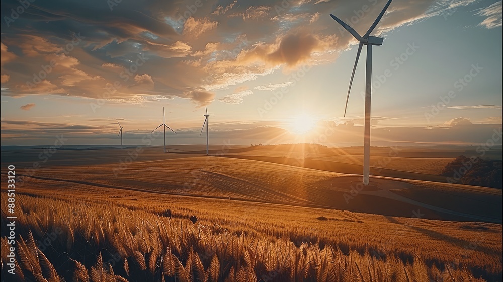 Poster five huge wind turbines are spinning in the wind field. depth of field. generative ai.