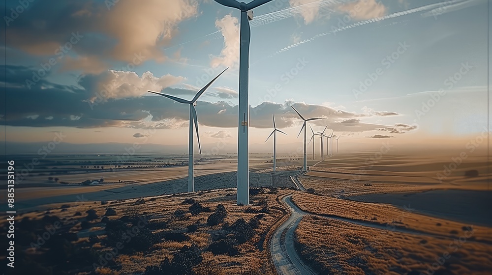 Poster five huge wind turbines are spinning in the wind field. depth of field. generative ai.