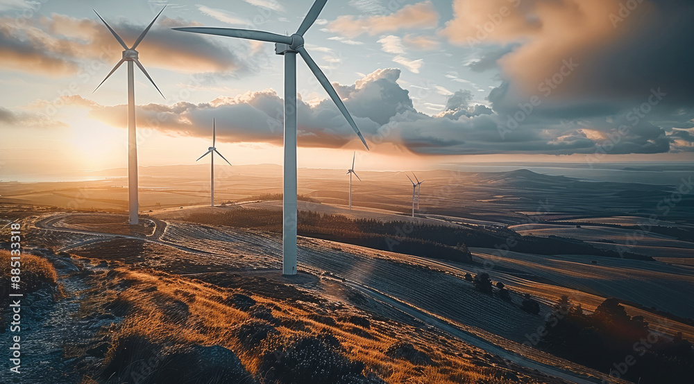 Poster five huge wind turbines are spinning in the wind field. depth of field. generative ai.