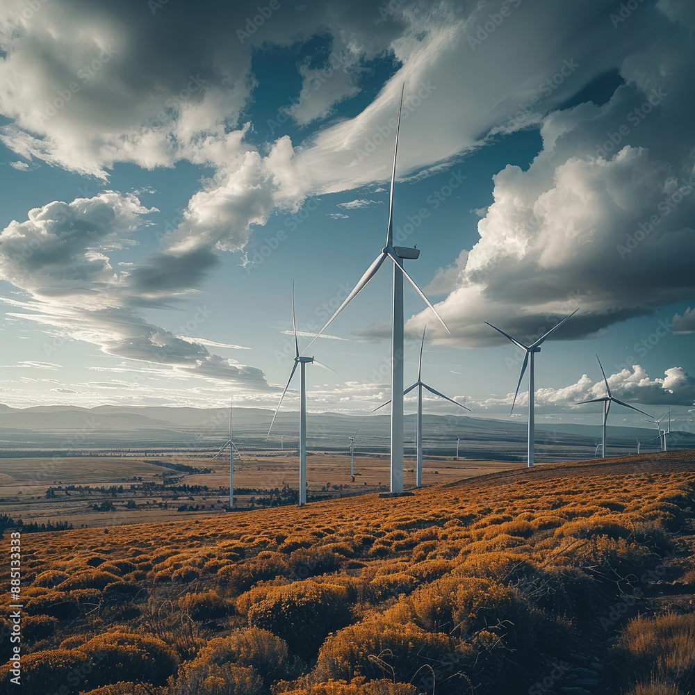 Poster five huge wind turbines are spinning in the wind field. depth of field. generative ai.