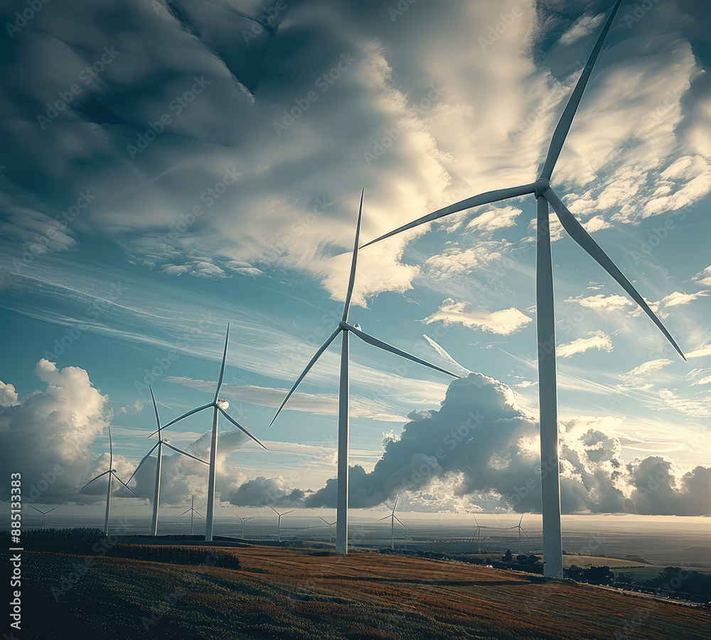 Poster five huge wind turbines are spinning in the wind field. depth of field. generative ai.