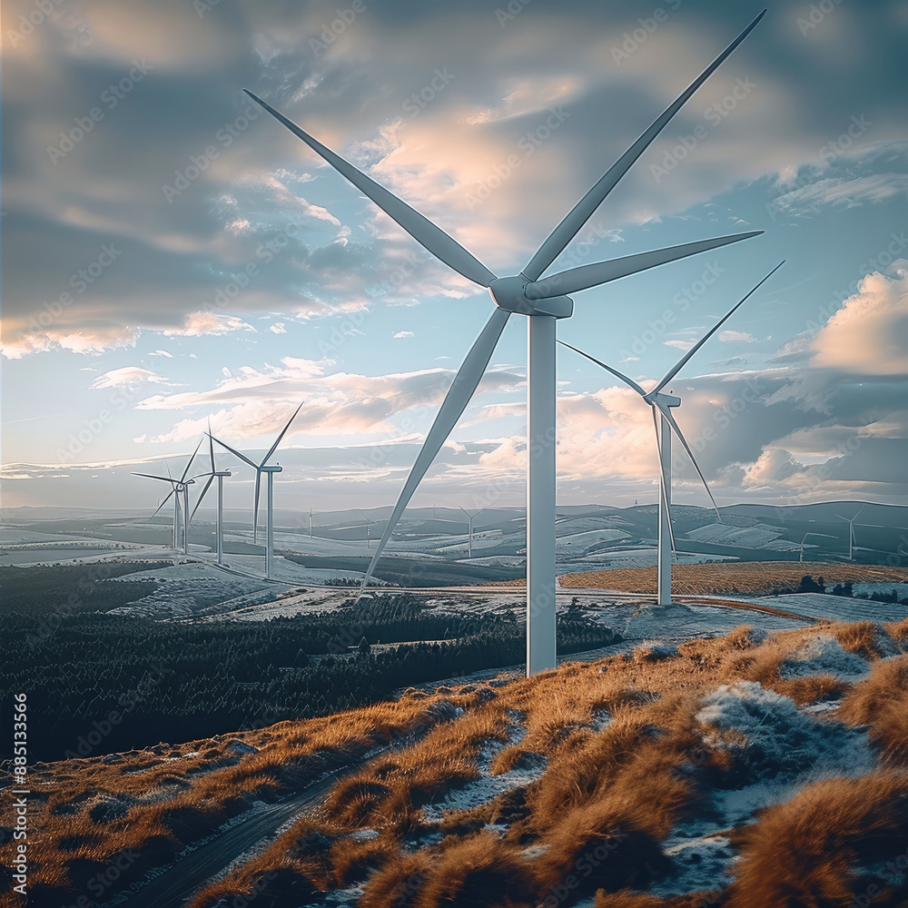 Poster Five huge wind turbines are spinning in the wind field. depth of field. Generative AI.