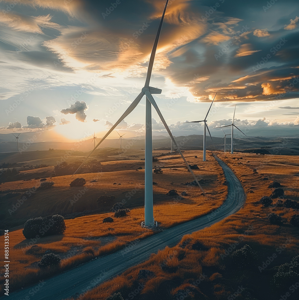 Aufkleber Five huge wind turbines are spinning in the wind field. depth of field. Generative AI.