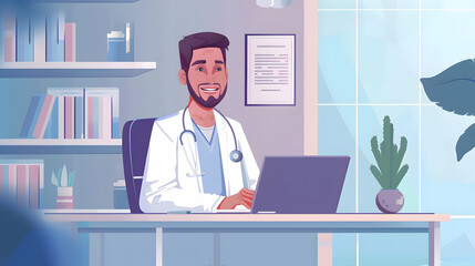 Successful young doctor inside clinic works online remotely, man consults clients, doctor uses laptop for video call, smiles and consults patient friendly