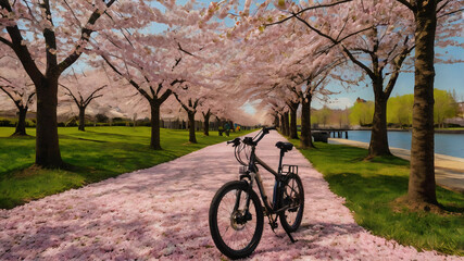 Obraz premium Aesthetic bicycle in the park between the rows of blossom tree in Japan or South Korea