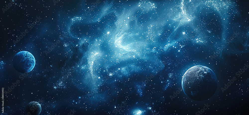 Poster A background of dark blue space with several planets floating in the distance, with high resolution. Generative AI.