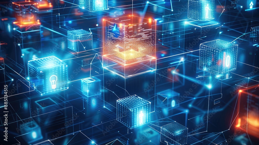 Poster A background of digital blocks and lightbulbs, surrounded by blue technology-style elements such as binary code or circuitry patterns. The cubes form an open space for graphics to be placed on top.