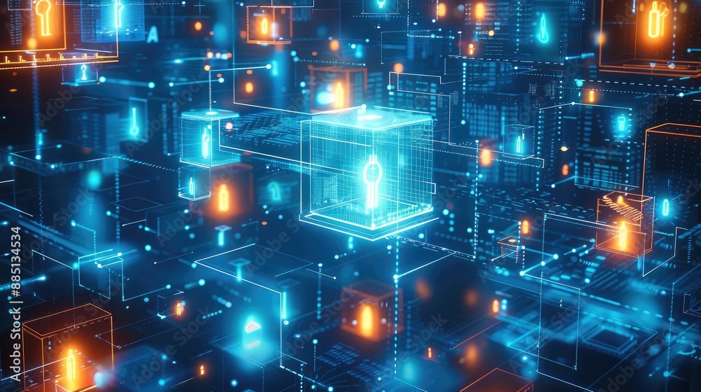 Aufkleber A background of digital blocks and lightbulbs, surrounded by blue technology-style elements such as binary code or circuitry patterns. The cubes form an open space for graphics to be placed on top.