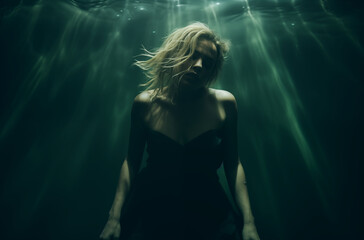 Fototapeta premium Woman in a Black Dress Underwater with Light Rays Shining Through in a Dreamlike Scene