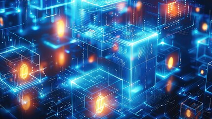 A background of digital blocks and lightbulbs, surrounded by blue technology-style elements such as binary code or circuitry patterns. The cubes form an open space for graphics to be placed on top.