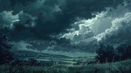 Fototapeta premium Dynamic anime scene with dramatic storm clouds rolling in, dark and moody with a touch of excitement.