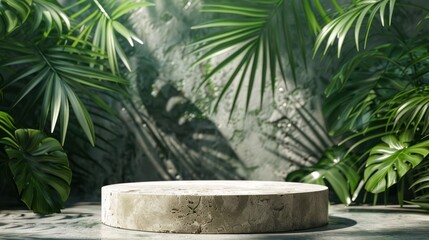 Obraz premium Natural stone podium in natural background with green leaves in the green jungle. Empty showcase for packaging product presentation. Background for cosmetic products. Mock up pedestal.
