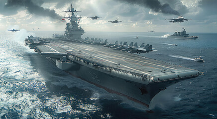 The aircraft carrier is sailing in the sea, with a fighter jet on the deck gliding and flying. Other fighter jets are flying around the carrier, escorting it. Generative AI.