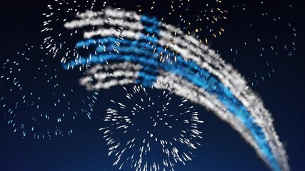 Finland holiday banner template. Fireworks finnish flag night sky background. Finnish national holiday. Finland flag fireworks. Template, place for text, copy space. Animated greeting card