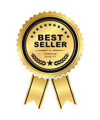 Best seller sticker label with ribbon, Gold badge and ribbon with Stars and laurel wreath Decoration vector isolated Premium Quality text product, for book cover label or your product the Best
