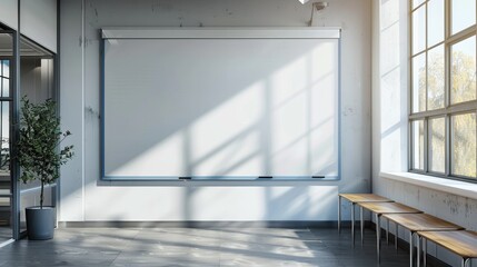 Fototapeta premium A blank whiteboard next to a window in an office. Generative AI.