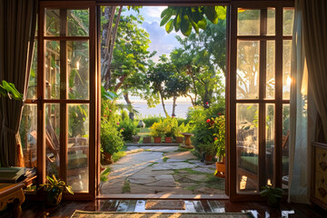 Open doors view to a garden with the ocean behind.