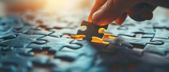 Close-up of hand placing puzzle piece, highlighting business strategy, collaborative solution concept