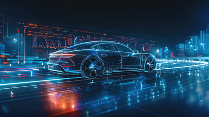An electric car with holographic projection, surrounded by data visualizations and graphs, A digital interface displaying various performance bars highlights speed, battery level, and energy use.
