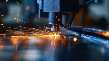 Light and sparks from laser CNC cutting of metal, technology modern industry