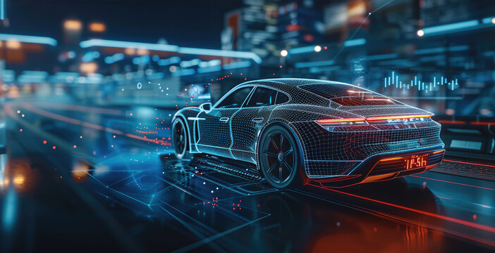 An electric car with holographic projection, surrounded by data visualizations and graphs, A digital interface displaying various performance bars highlights speed, battery level, and energy use.
