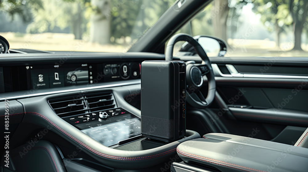 Poster a sleek black mini fridge is securely placed on the center console of a car. the fridge fits snugly 